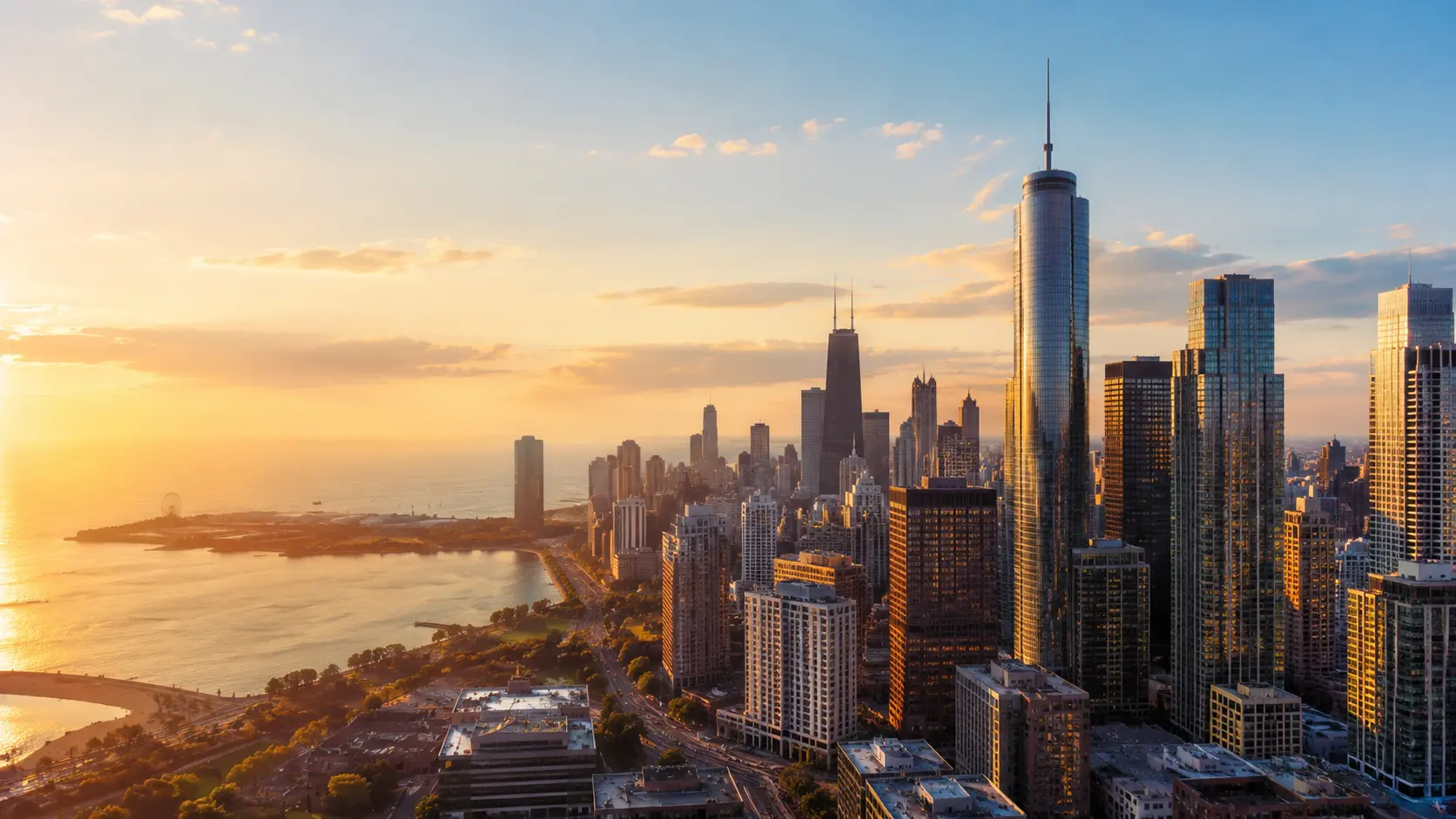 Aerial view of a major US city skyline at dusk
